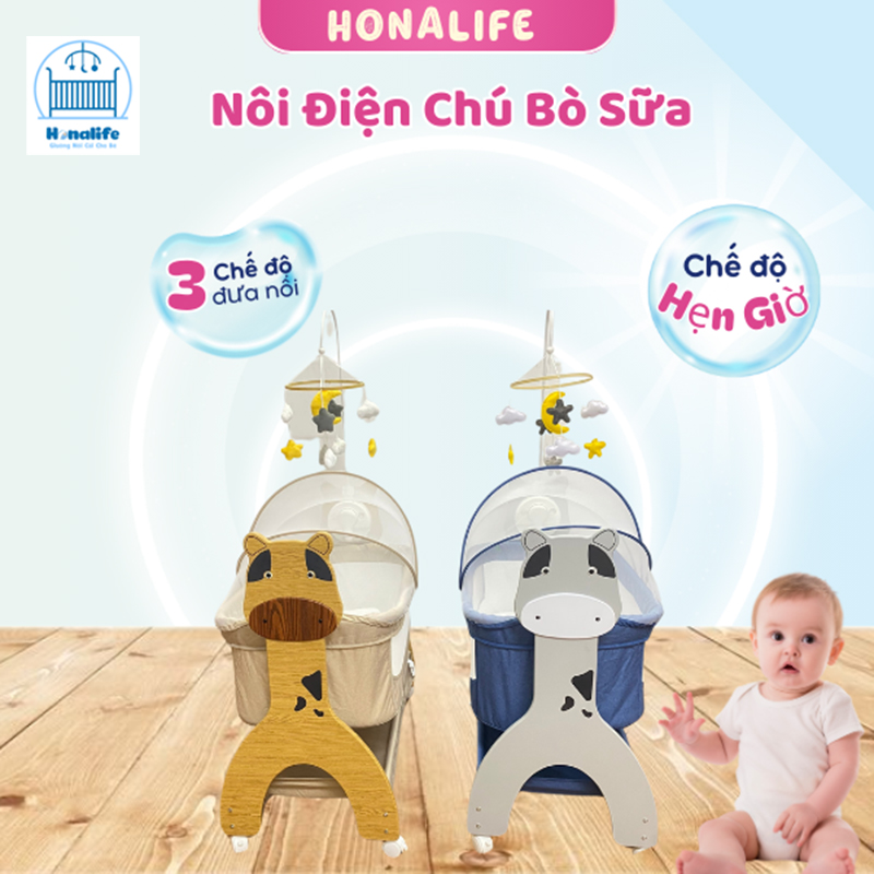 Nôi Điện Bò Sữa Thông Minh Đa Năng HONA177 - Điều Khiển Từ Xa, Bluetooth, Sạc Dự Phòng