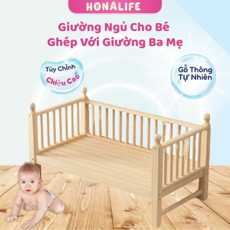Giường gỗ thông cho bé ghép đôi với giường ba mẹ